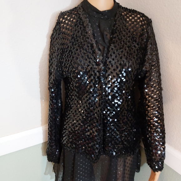 Stunning Vintage Topette Black Sequin Crochet Cardigan  MED - Picture 5 of 8